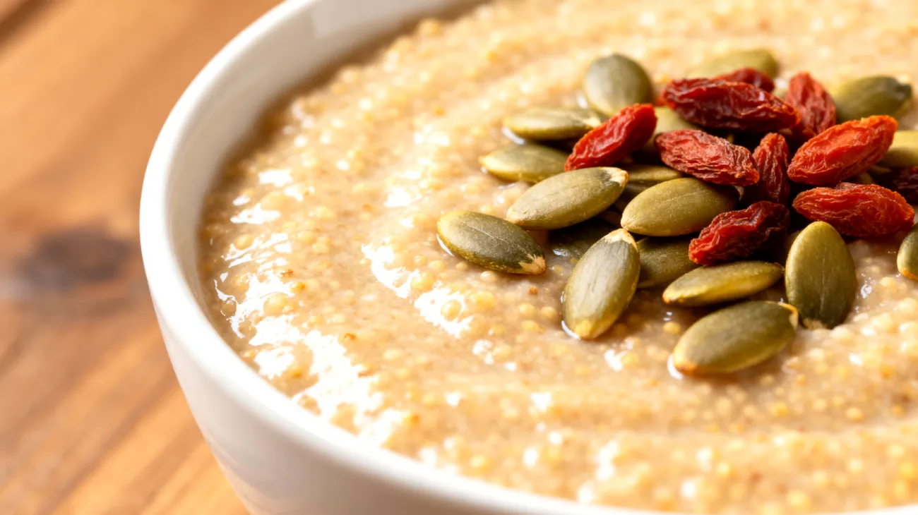 Amaranth-Porridge mit gerösteten Kürbiskernen und Goji-Beeren"