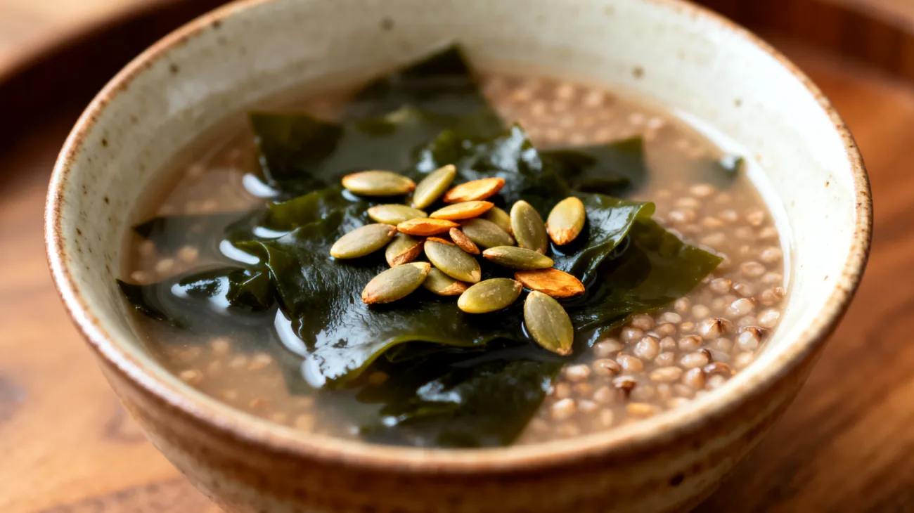 Buchweizen-Miso-Suppe mit Wakame-Algen und gerösteten Kürbiskernen"