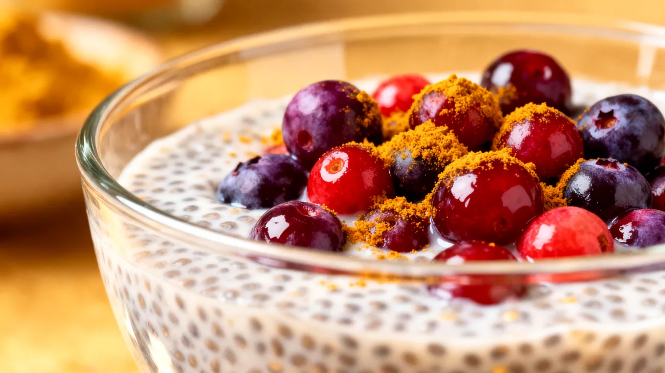 Chiasamen-Pudding mit fermentierten Beeren und Kurkuma"