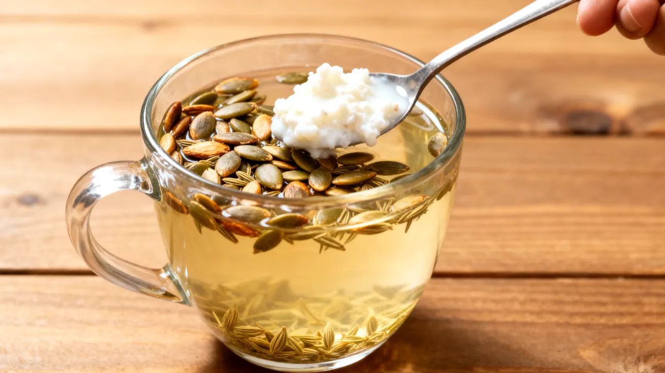 Fenchel-Anis-Tee mit gerösteten Kürbiskernen und einem Teelöffel Kefir"