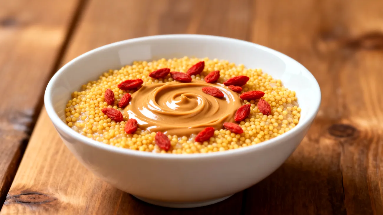 Goldhirse-Porridge mit Mandelbutter und Goji-Beeren"