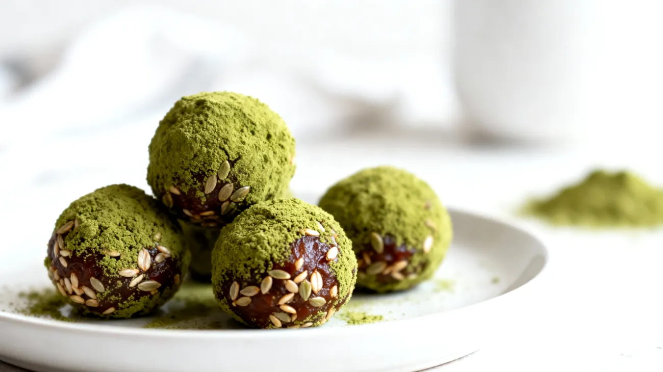 Hanfsamen-Dattel-Energiebällchen mit Matcha"