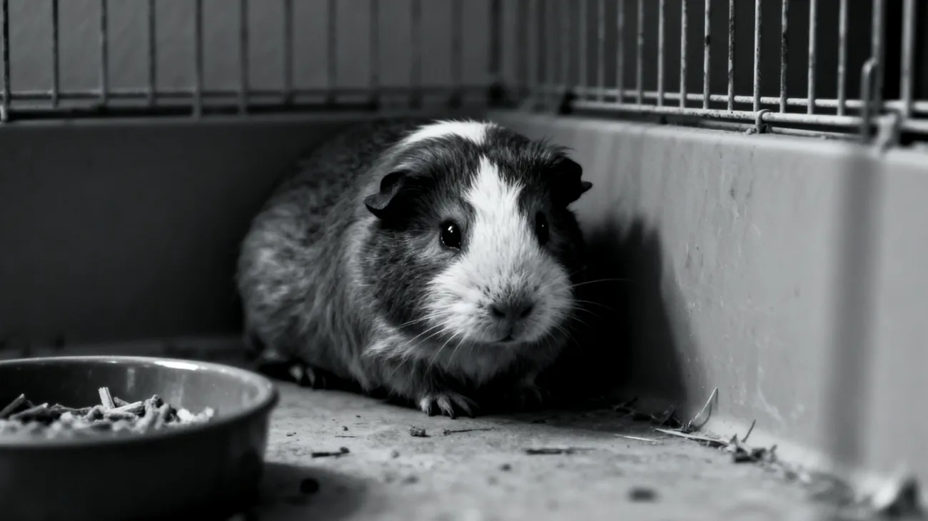 Ein erwachsenes Meerschweinchen zeigt Anzeichen von chronischem Stress durch unzureichende Umgebungsgestaltung und mangelnde Rückzugsmöglichkeiten, was zu Verhaltensstörungen wie übermäßigem Verstecken, Appetitlosigkeit und sozialer Isolation führt"
