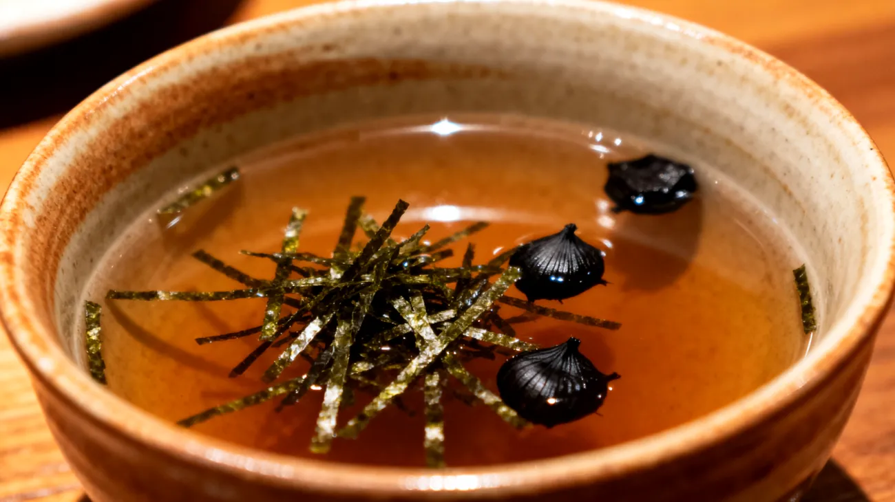 Miso-Suppe mit Seetang (Wakame) und fermentiertem schwarzen Knoblauch"