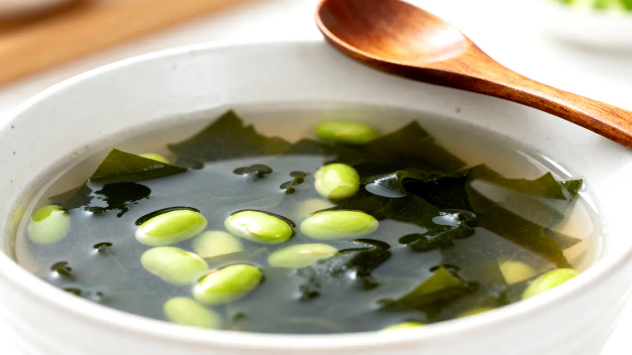 Miso-Suppe mit Wakame-Algen und Edamame"