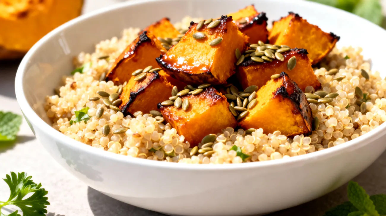 Quinoa-Salat mit geröstetem Kürbis und Hanfsamen"