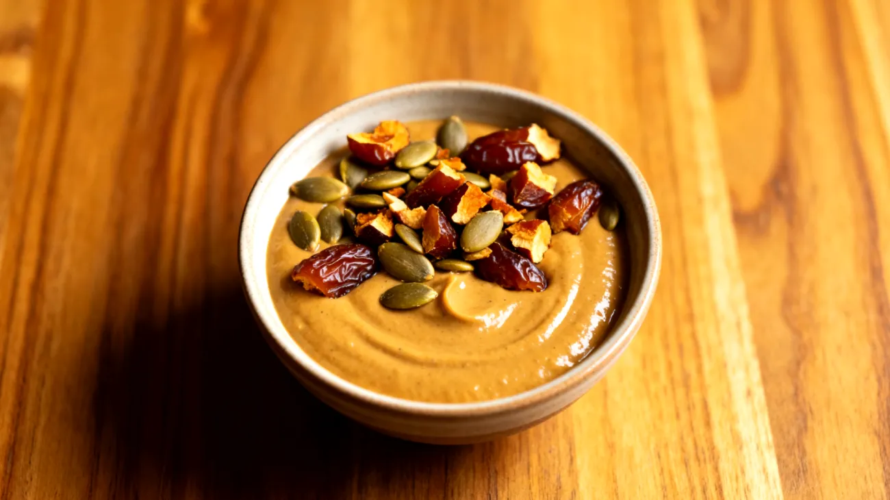 Schwarzer Sesam-Tahini mit gerösteten Kürbiskernen und Medjool-Datteln"